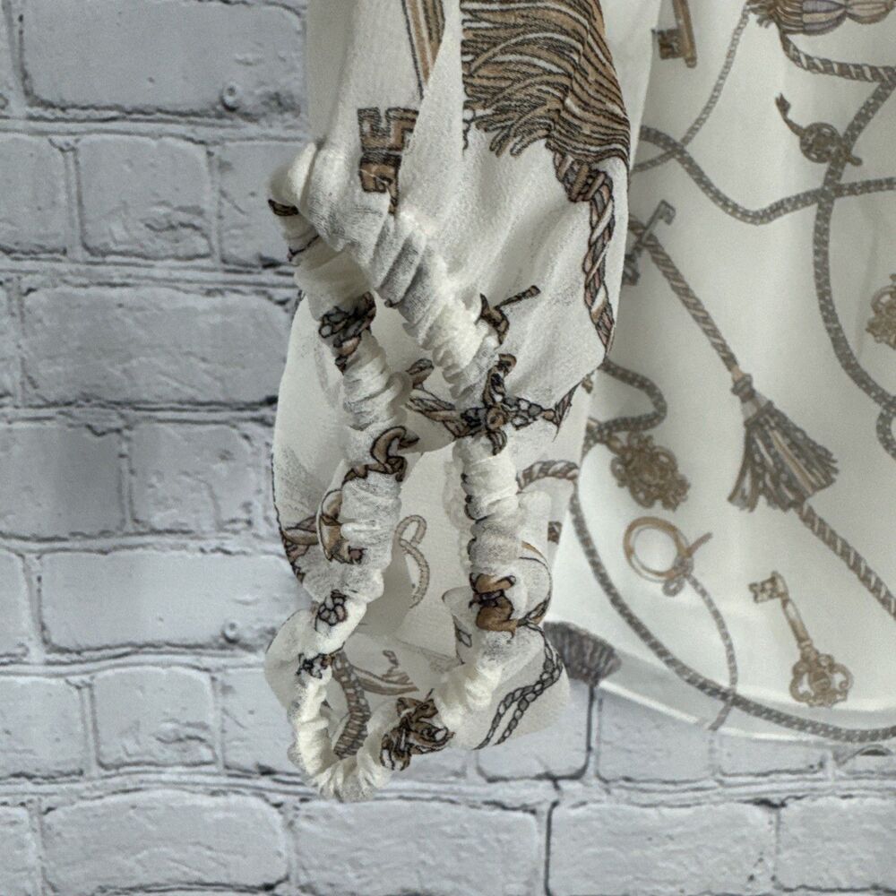 White House Black Market Cream Chain Print Long Sleeve Chiffon Blouse Women's L - Picture 7 of 13